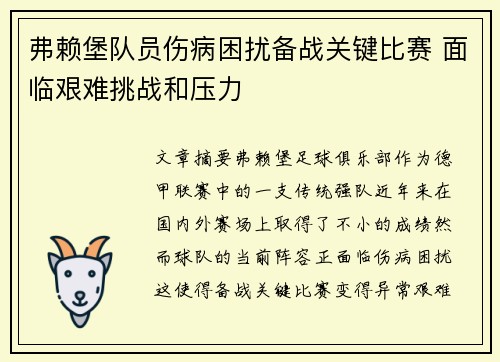 弗赖堡队员伤病困扰备战关键比赛 面临艰难挑战和压力