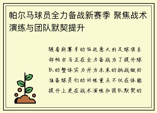帕尔马球员全力备战新赛季 聚焦战术演练与团队默契提升
