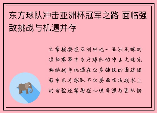 东方球队冲击亚洲杯冠军之路 面临强敌挑战与机遇并存