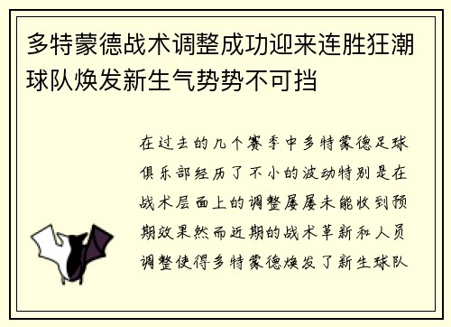 多特蒙德战术调整成功迎来连胜狂潮球队焕发新生气势势不可挡
