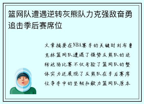 篮网队遭遇逆转灰熊队力克强敌奋勇追击季后赛席位