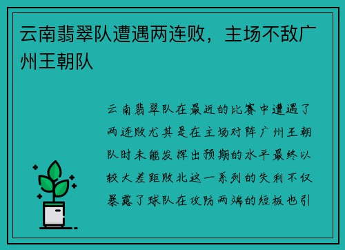 云南翡翠队遭遇两连败，主场不敌广州王朝队